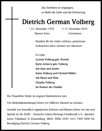 Anzeige von Dietrich German Volberg von Kölner Stadt-Anzeiger / Kölnische Rundschau / Express