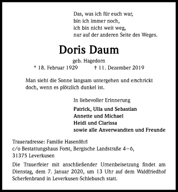 Anzeige von Doris Daum von Kölner Stadt-Anzeiger / Kölnische Rundschau / Express