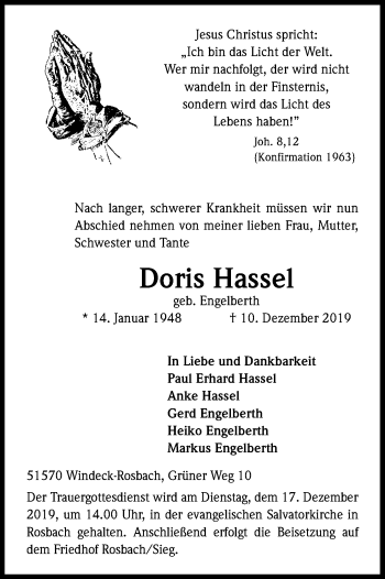 Anzeige von Doris Hassel von Kölner Stadt-Anzeiger / Kölnische Rundschau / Express
