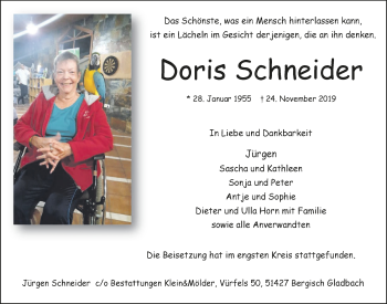 Anzeige von Doris Schneider von  Bergisches Handelsblatt 