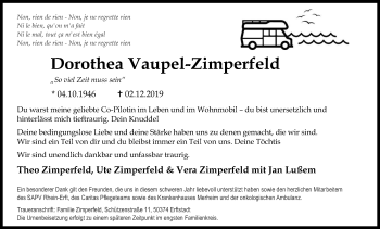 Anzeige von Dorothea Vaupel-Zimperfeld von Kölner Stadt-Anzeiger / Kölnische Rundschau / Express