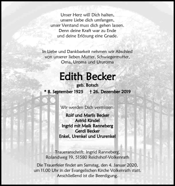 Anzeige von Edith Becker von Kölner Stadt-Anzeiger / Kölnische Rundschau / Express