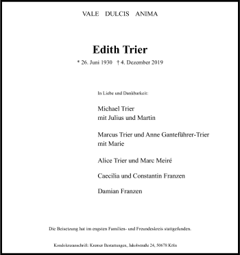 Anzeige von Edith Trier von Kölner Stadt-Anzeiger / Kölnische Rundschau / Express