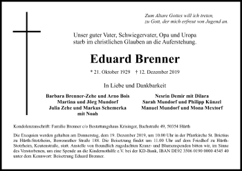 Anzeige von Eduard Brenner von Kölner Stadt-Anzeiger / Kölnische Rundschau / Express