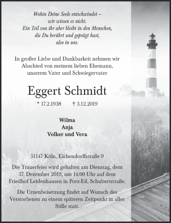 Anzeige von Eggert Schmidt von  Kölner Wochenspiegel 
