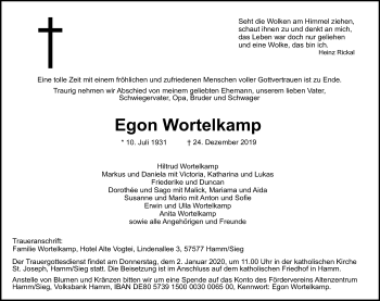 Anzeige von Egon Wortelkamp von Kölner Stadt-Anzeiger / Kölnische Rundschau / Express