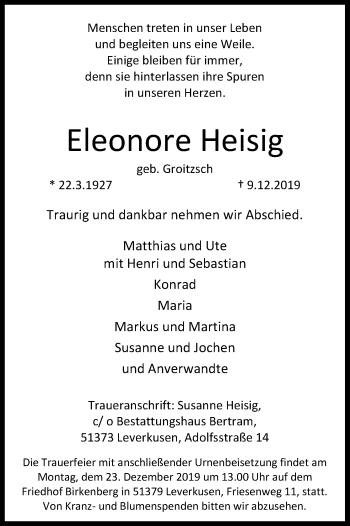 Anzeige von Eleonore Heisig von Kölner Stadt-Anzeiger / Kölnische Rundschau / Express
