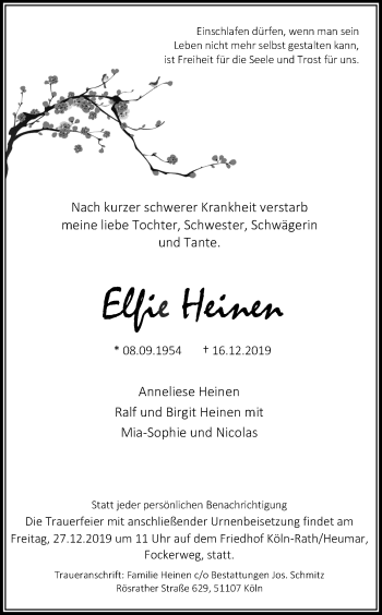Anzeige von Elfie Heinen von Kölner Stadt-Anzeiger / Kölnische Rundschau / Express