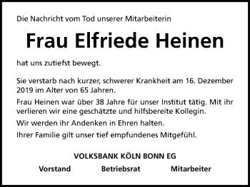 Anzeige von Elfriede Heinen von Kölner Stadt-Anzeiger / Kölnische Rundschau / Express