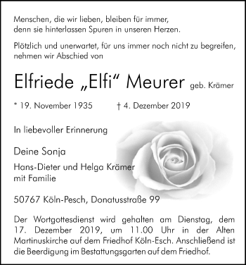 Anzeige von Elfriede Meurer von Kölner Stadt-Anzeiger / Kölnische Rundschau / Express