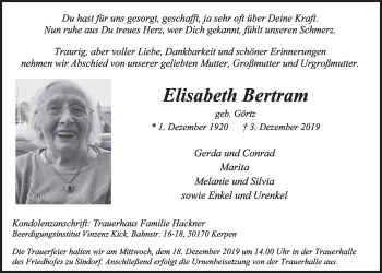 Anzeige von Elisabeth Bertram von  Sonntags-Post 