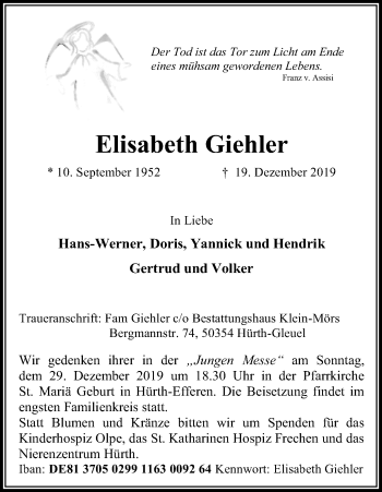 Anzeige von Elisabeth Giehler von Kölner Stadt-Anzeiger / Kölnische Rundschau / Express