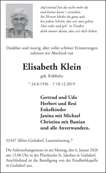 Anzeige von Elisabeth Klein von  Schlossbote/Werbekurier 