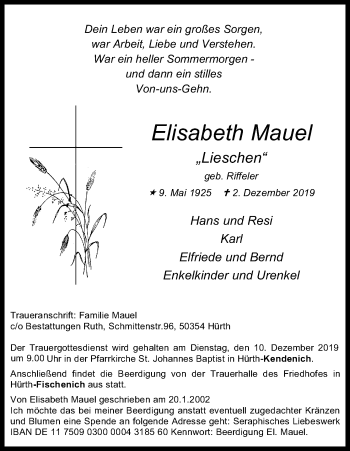 Anzeige von Elisabeth Mauel von Kölner Stadt-Anzeiger / Kölnische Rundschau / Express
