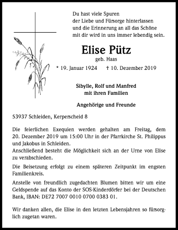 Anzeige von Elise Pütz von Kölner Stadt-Anzeiger / Kölnische Rundschau / Express