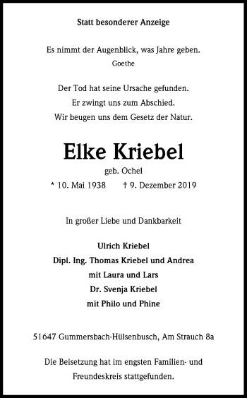 Anzeige von Elke Kriebel von Kölner Stadt-Anzeiger / Kölnische Rundschau / Express