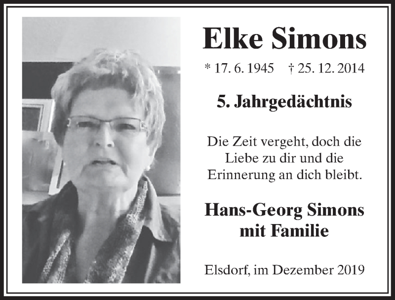  Traueranzeige für Elke Simons vom 21.12.2019 aus  Sonntags-Post 