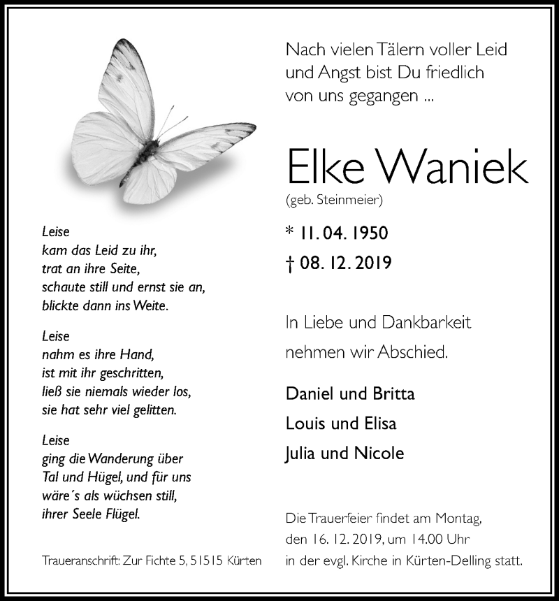  Traueranzeige für Elke Waniek vom 12.12.2019 aus Kölner Stadt-Anzeiger / Kölnische Rundschau / Express