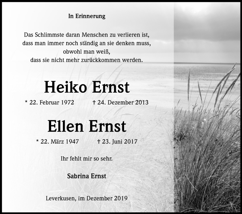  Traueranzeige für Ellen Ernst vom 28.12.2019 aus Kölner Stadt-Anzeiger / Kölnische Rundschau / Express