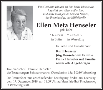 Anzeige von Ellen Meta Henseler von  Schlossbote/Werbekurier 