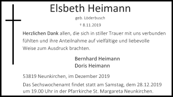 Anzeige von Elsbeth Heimann von Kölner Stadt-Anzeiger / Kölnische Rundschau / Express