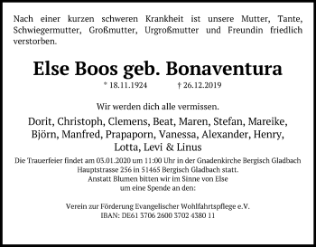 Anzeige von Else Boos von Kölner Stadt-Anzeiger / Kölnische Rundschau / Express