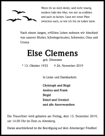 Anzeige von Else Clemens von Kölner Stadt-Anzeiger / Kölnische Rundschau / Express