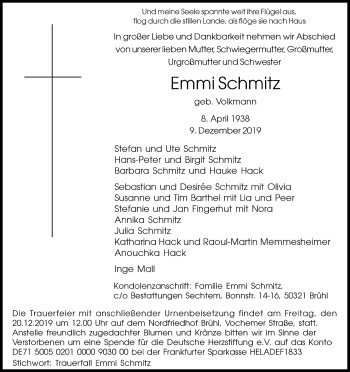 Anzeige von Emmi Schmitz von Kölner Stadt-Anzeiger / Kölnische Rundschau / Express