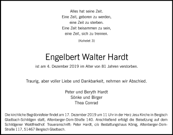 Anzeige von Engelbert Walter Hardt von Kölner Stadt-Anzeiger / Kölnische Rundschau / Express