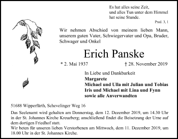 Anzeige von Erich Panske von Kölner Stadt-Anzeiger / Kölnische Rundschau / Express
