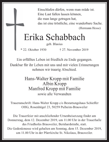 Anzeige von Erika Schabbach von  Wochenende 