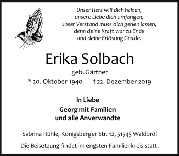Anzeige von Erika Solbach von  Lokalanzeiger 