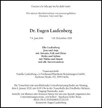 Anzeige von Eugen Laufenberg von Kölner Stadt-Anzeiger / Kölnische Rundschau / Express