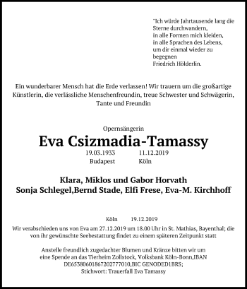 Anzeige von Eva Csizmadia-Tamassy von Kölner Stadt-Anzeiger / Kölnische Rundschau / Express