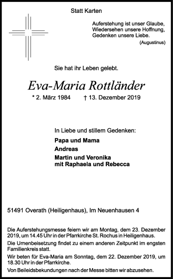 Anzeige von Eva-Maria Rottländer von Kölner Stadt-Anzeiger / Kölnische Rundschau / Express