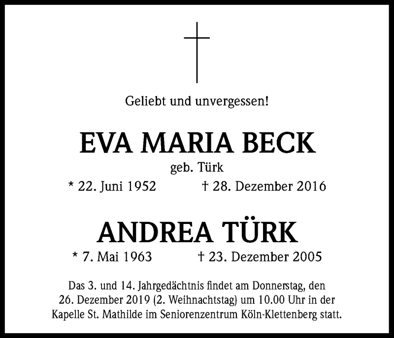  Traueranzeige für Eva Maria Beck vom 21.12.2019 aus Kölner Stadt-Anzeiger / Kölnische Rundschau / Express
