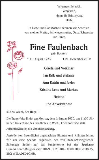 Anzeige von Fine Faulenbach von Kölner Stadt-Anzeiger / Kölnische Rundschau / Express