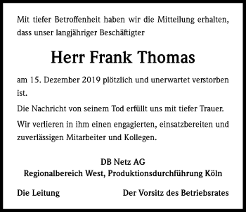 Anzeige von Frank Thomas von Kölner Stadt-Anzeiger / Kölnische Rundschau / Express