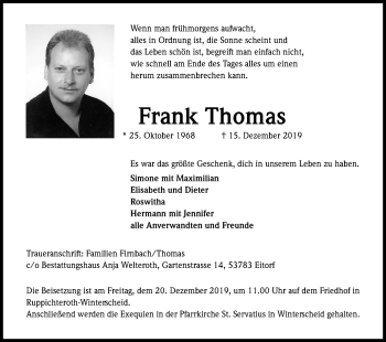 Anzeige von Frank Thomas von Kölner Stadt-Anzeiger / Kölnische Rundschau / Express