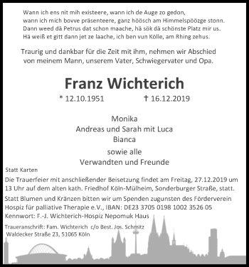 Anzeige von Franz Wichterich von Kölner Stadt-Anzeiger / Kölnische Rundschau / Express