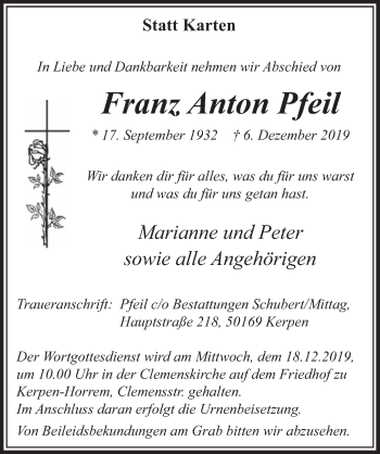 Anzeige von Franz Anton Pfeil von  Sonntags-Post 