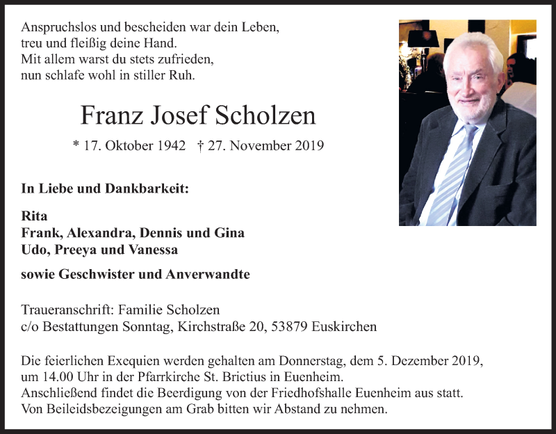  Traueranzeige für Franz Josef Scholzen vom 02.12.2019 aus Kölner Stadt-Anzeiger / Kölnische Rundschau / Express