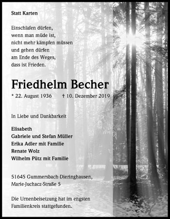 Anzeige von Friedhelm Becher von Kölner Stadt-Anzeiger / Kölnische Rundschau / Express