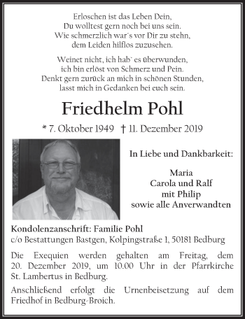 Anzeige von Friedhelm Pohl von  Werbepost 