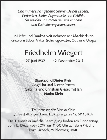 Anzeige von Friedhelm Wiegert von  Kölner Wochenspiegel 