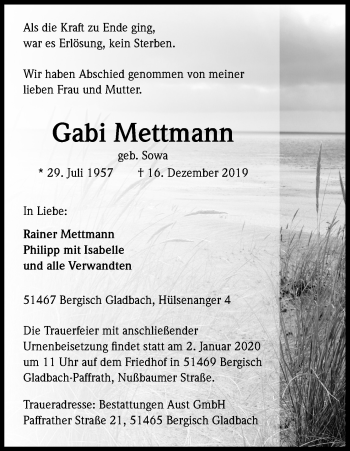 Anzeige von Gabi Mettmann von Kölner Stadt-Anzeiger / Kölnische Rundschau / Express