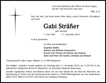 Anzeige von Gabi Sträßer von Kölner Stadt-Anzeiger / Kölnische Rundschau / Express