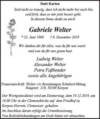 Anzeige von Gabriele Welter von  Sonntags-Post 