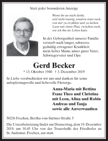 Anzeige von Gerd Becker von  Wochenende 