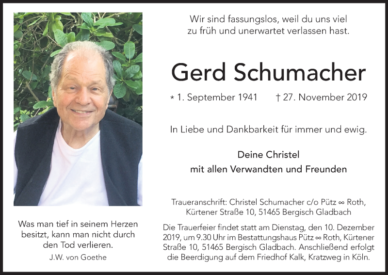  Traueranzeige für Gerd Schumacher vom 07.12.2019 aus Kölner Stadt-Anzeiger / Kölnische Rundschau / Express